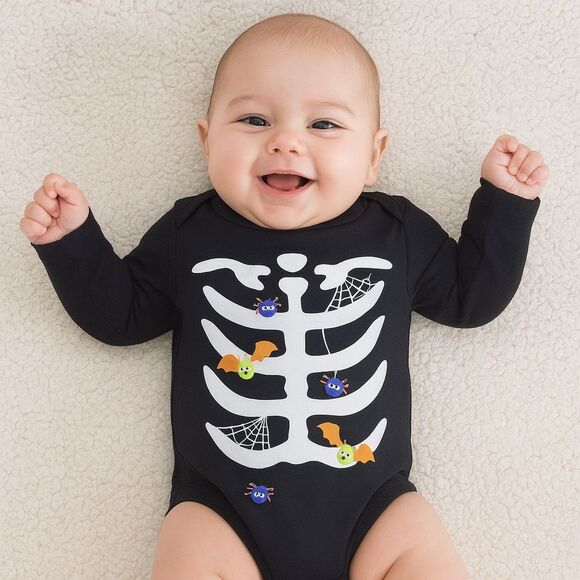 NEW Halloween 0-3 Mths Boys Skeleton Bats Spiders Newborn One Piece Long Sleeve - Picture 1 of 6